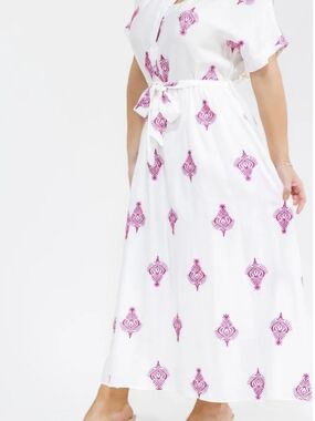 White Maxi Dress with Pink Print - Tie Waist